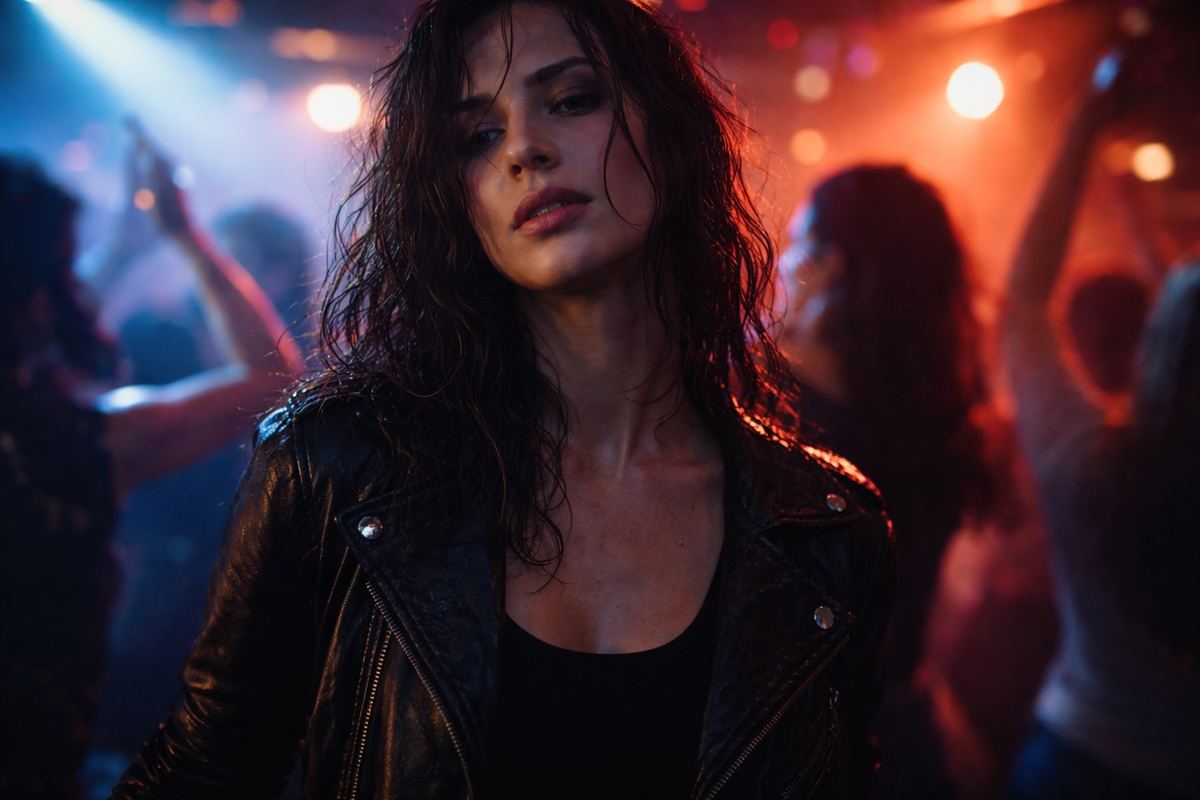 Close-up portrait of Jumble Nation with wet dark hair and a leather jacket, under red club lights