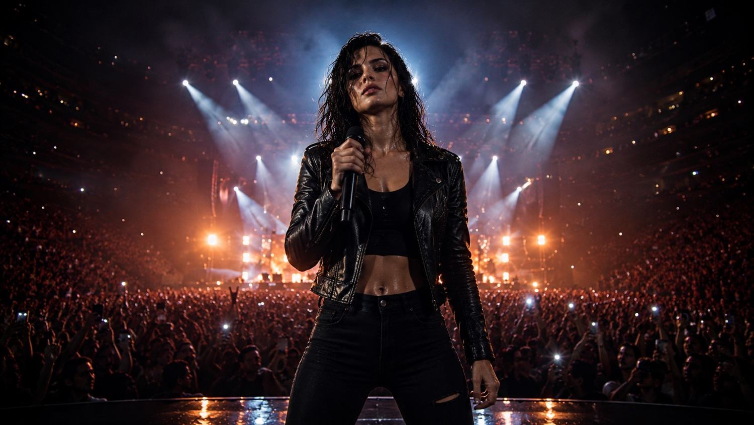 A singer in a black leather jacket holds a microphone on a stage in front of a huge crowd and bright spotlights